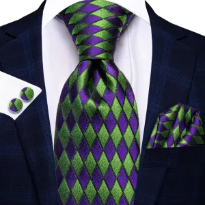Hi-Tie Geometric Necktie Green Purple Men's Tie Hanky Cufflinks Set