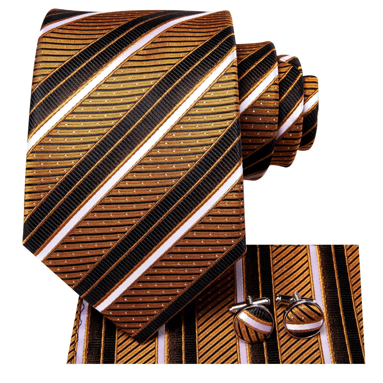 Hi-Tie Golden Black Striped Tie Pocket Square Cufflinks Set for Men
