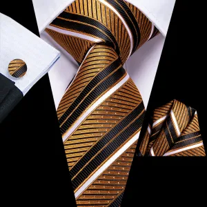 Hi-Tie Golden Black Striped Tie Pocket Square Cufflinks Set for Men