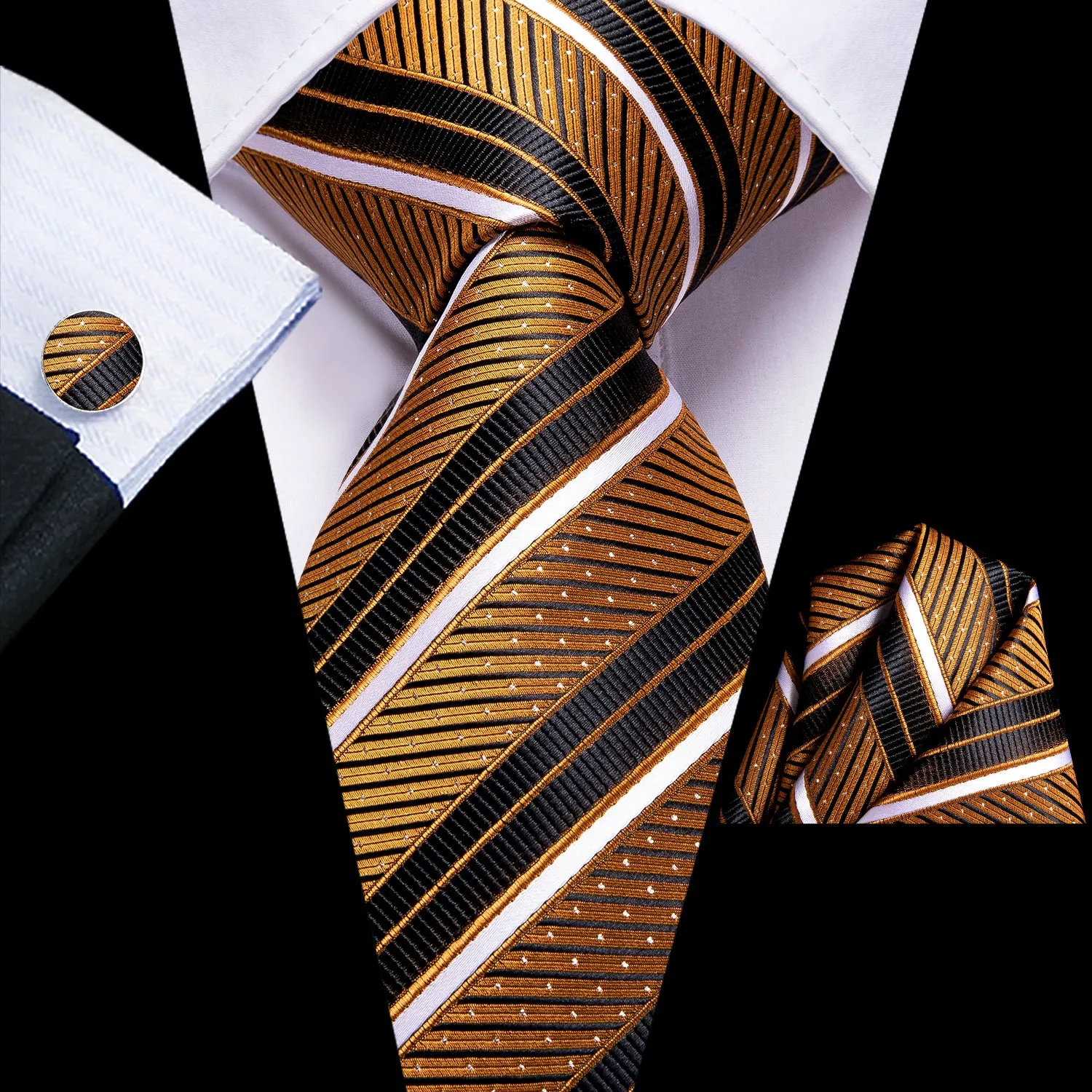 Hi-Tie Golden Black Striped Tie Pocket Square Cufflinks Set for Men