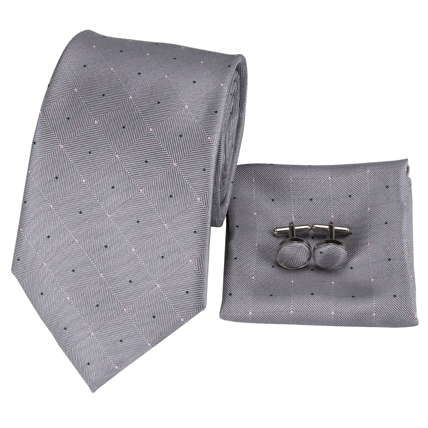 Hi-Tie Grey Black Plaid Wedding Necktie Pocket Square Cufflinks Set