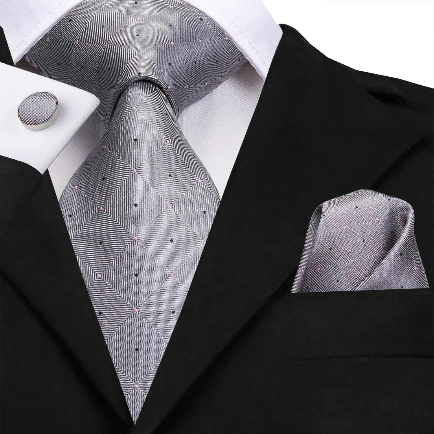 Hi-Tie Grey Black Plaid Wedding Necktie Pocket Square Cufflinks Set