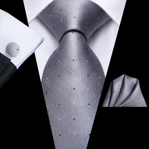 Hi-Tie Grey Black Plaid Wedding Necktie Pocket Square Cufflinks Set
