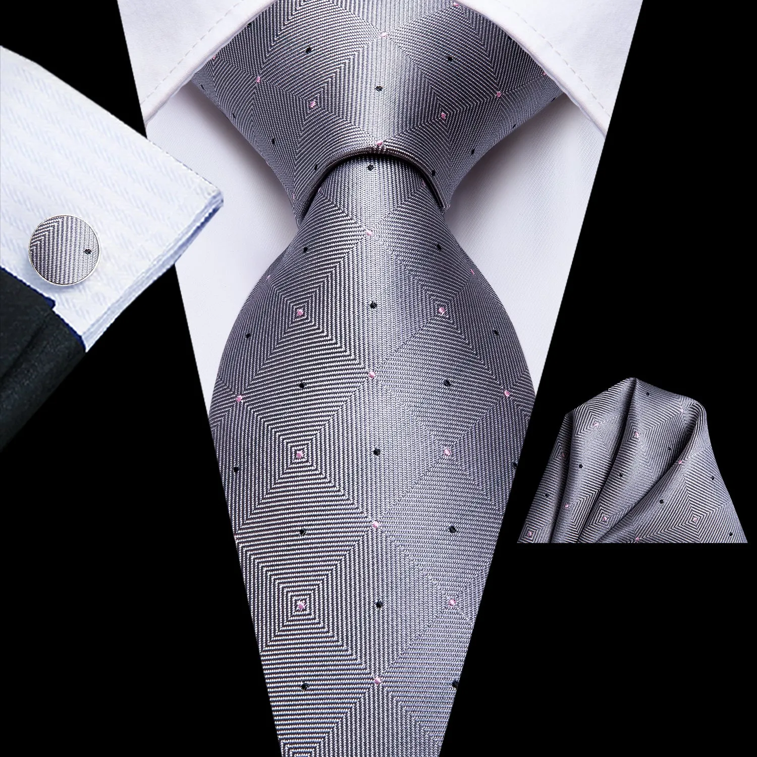 Hi-Tie Grey Black Plaid Wedding Necktie Pocket Square Cufflinks Set