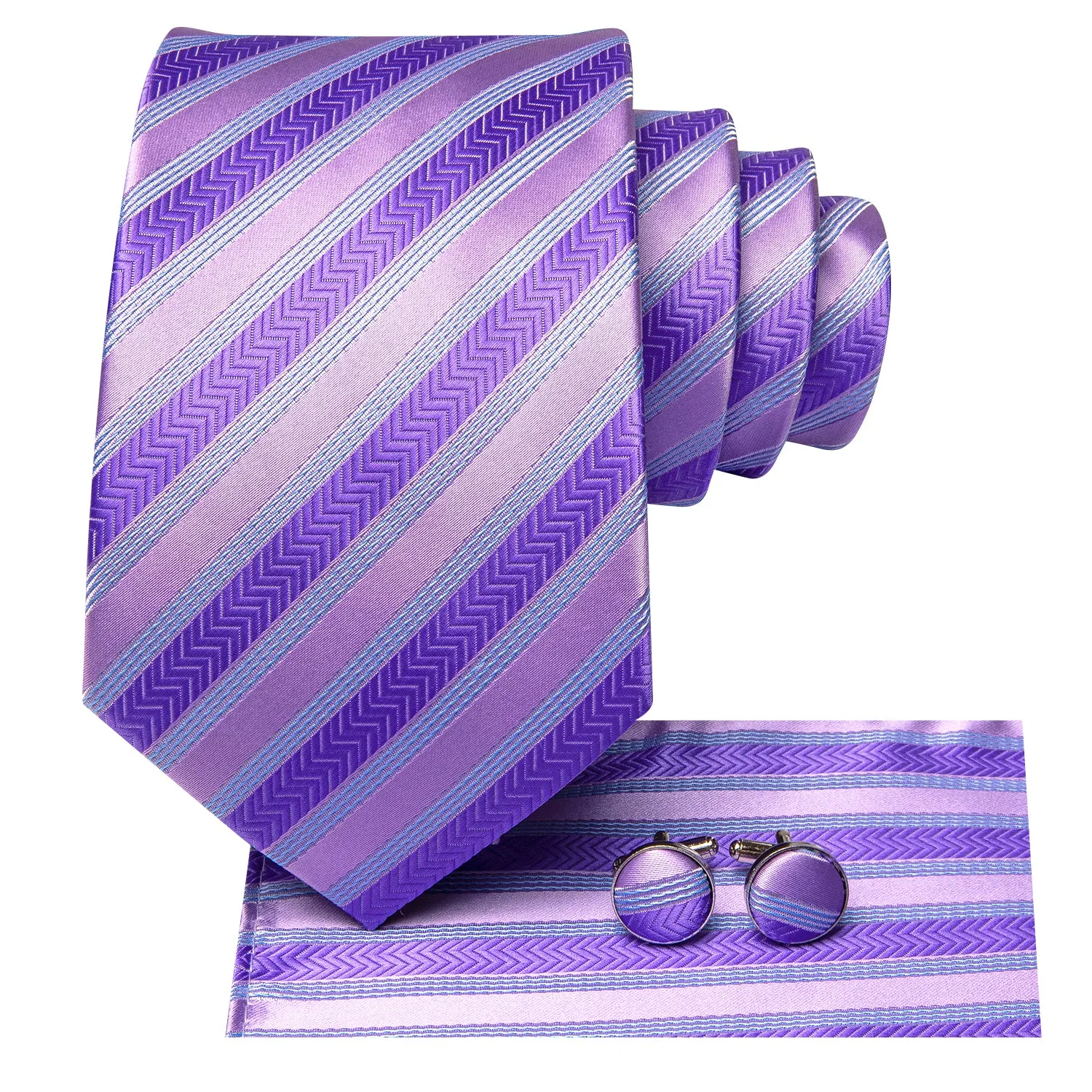 Hi-Tie Lavendar Purple Blue Striped Tie Pocket Square Cufflinks Set
