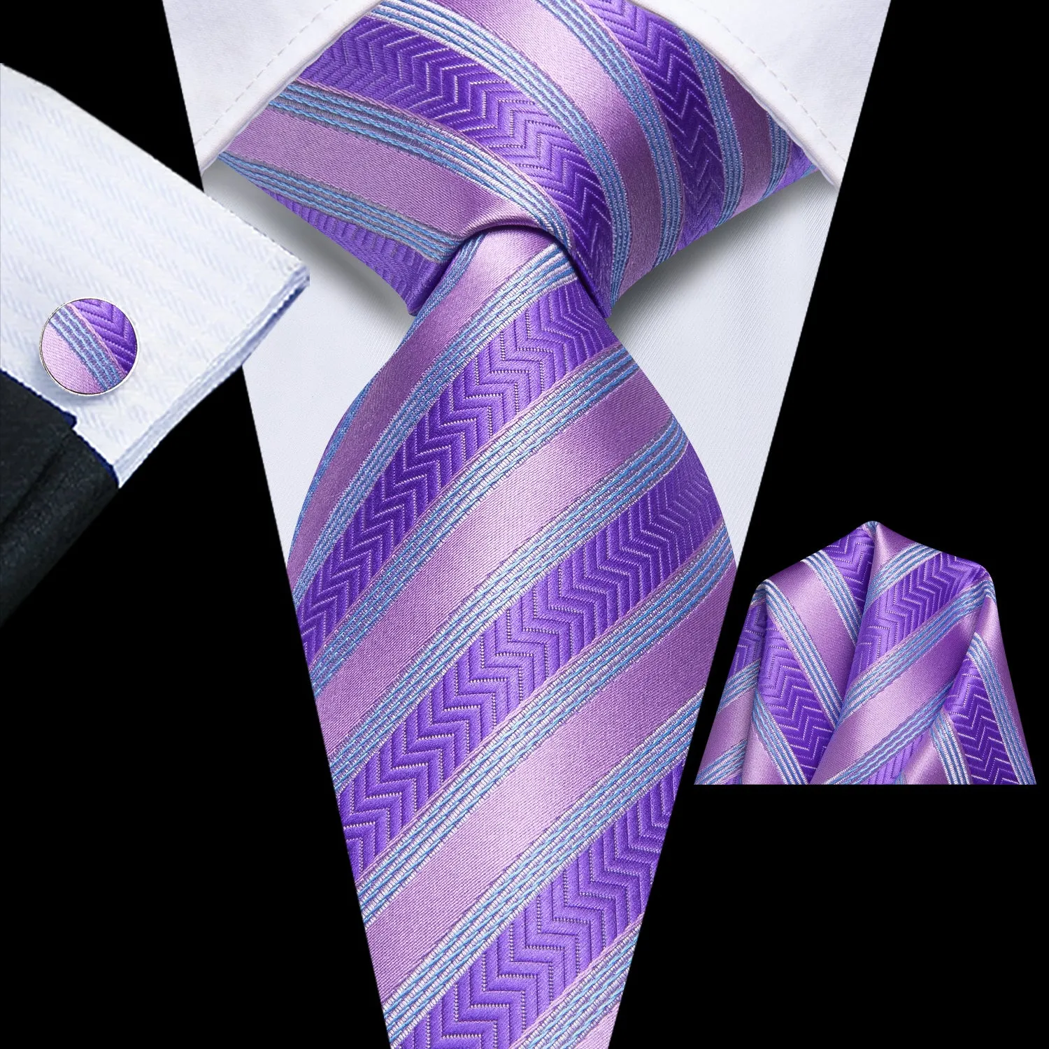 Hi-Tie Lavendar Purple Blue Striped Tie Pocket Square Cufflinks Set