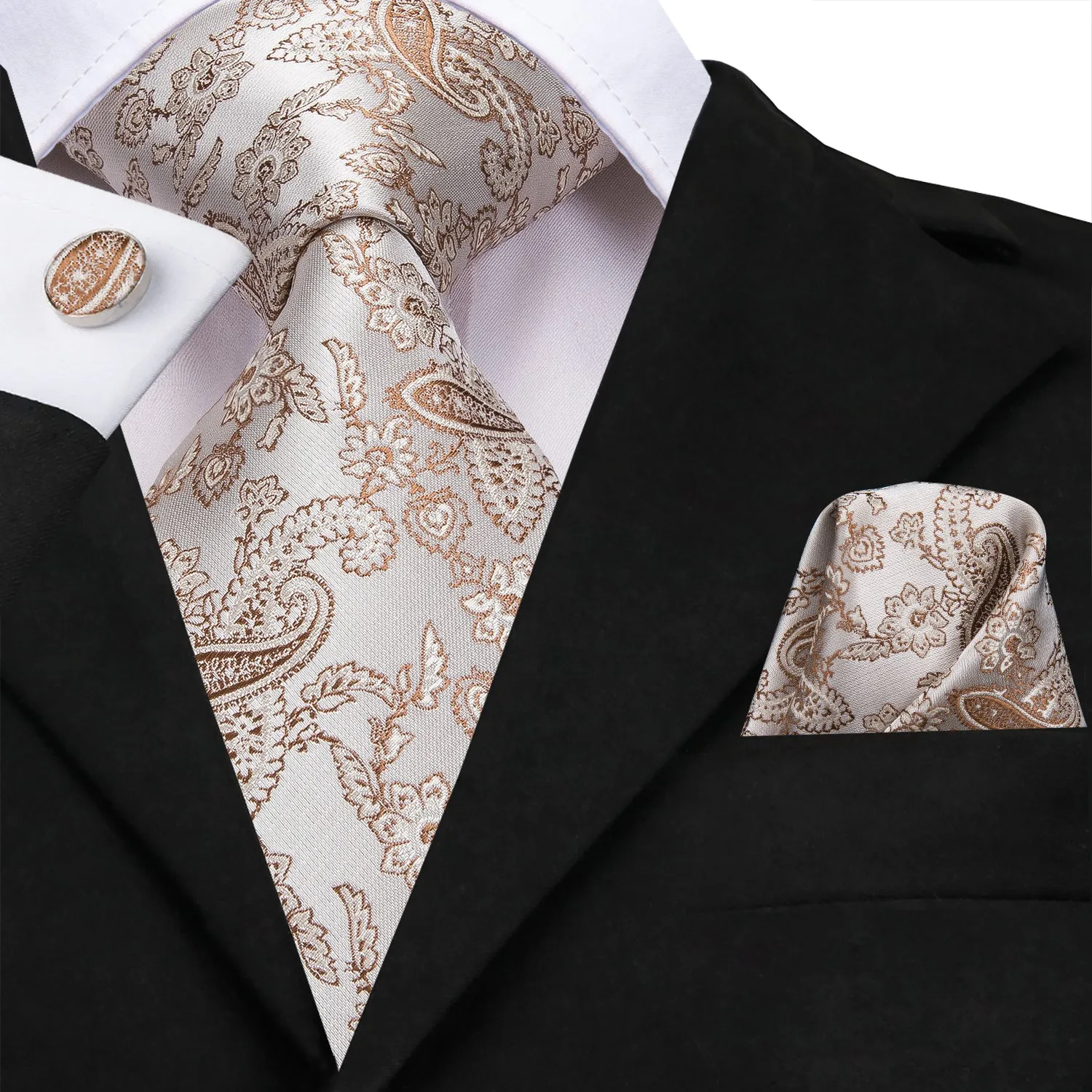 Hi-Tie Light Beige Brown Line Paisley Tie Pocket Square Cufflinks Set