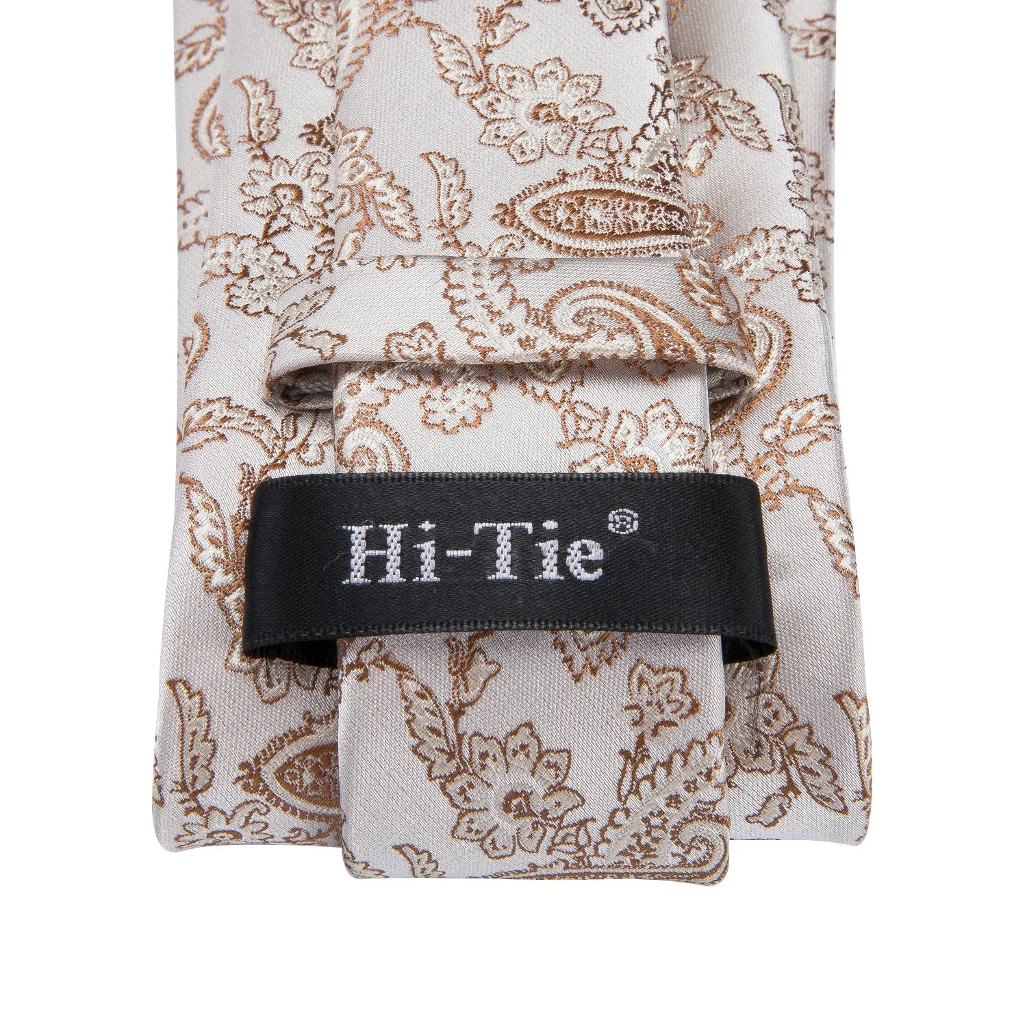 Hi-Tie Light Beige Brown Line Paisley Tie Pocket Square Cufflinks Set