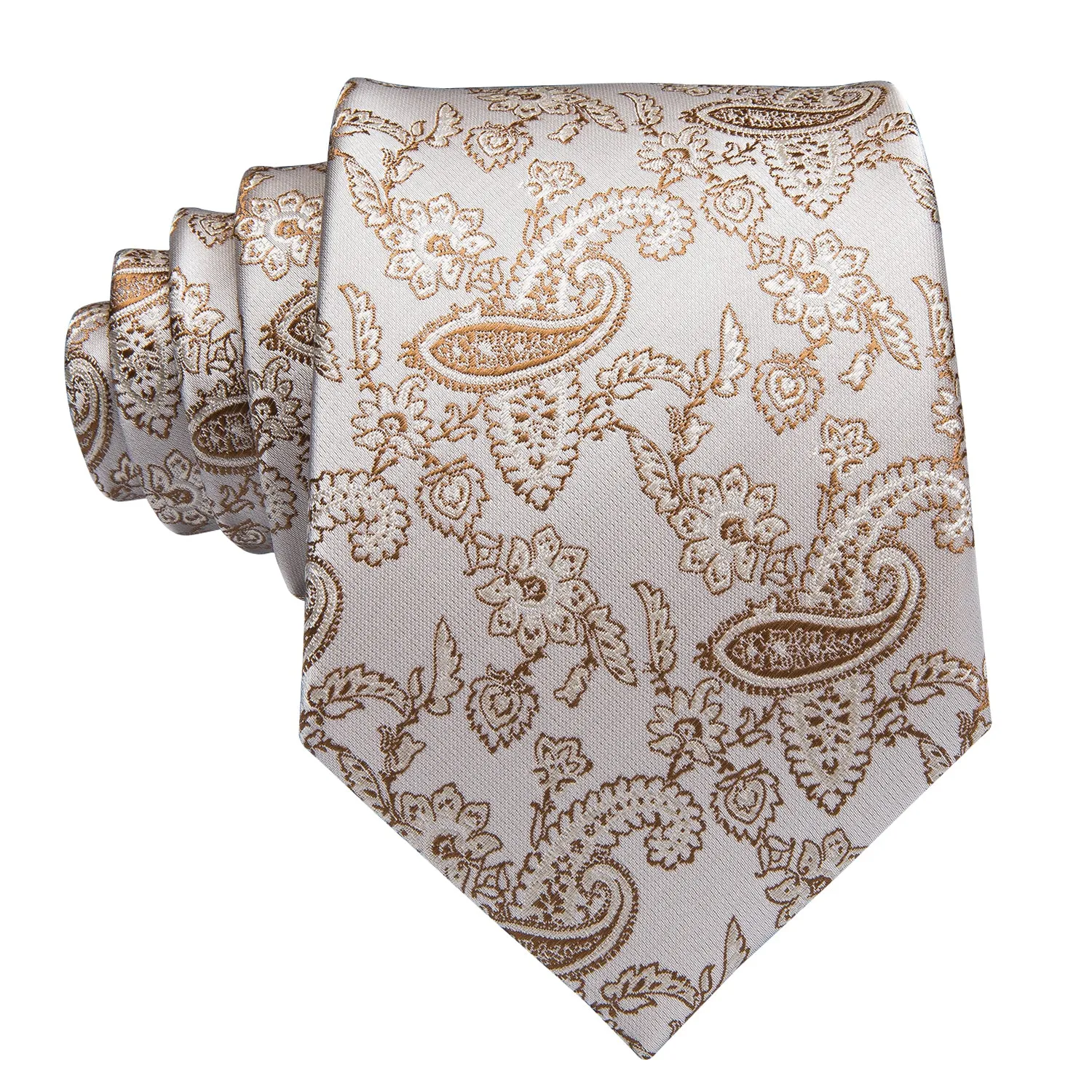 Hi-Tie Light Beige Brown Line Paisley Tie Pocket Square Cufflinks Set