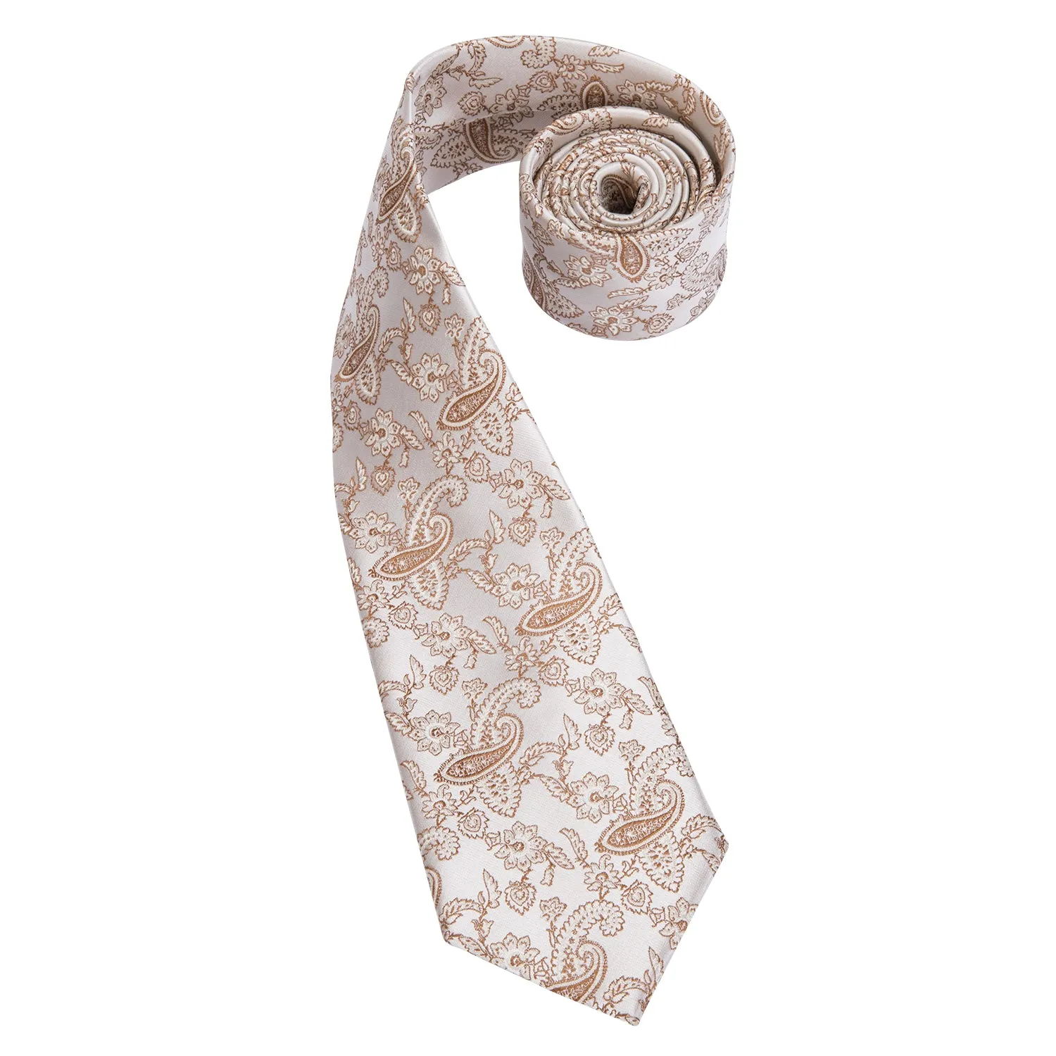 Hi-Tie Light Beige Brown Line Paisley Tie Pocket Square Cufflinks Set