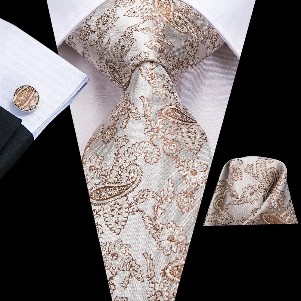 Hi-Tie Light Beige Brown Line Paisley Tie Pocket Square Cufflinks Set