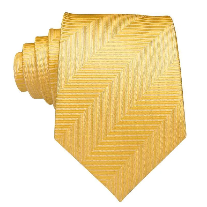 Hi-Tie Men Necktie Yellow Color Striped Tie Handkerchief Cufflinks Set