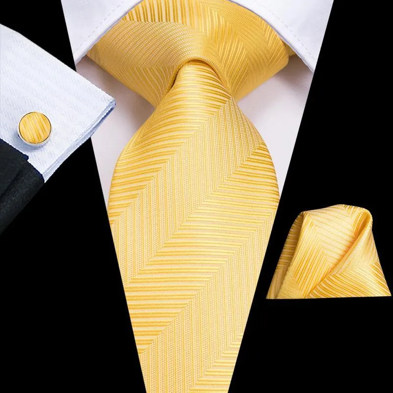 Hi-Tie Men Necktie Yellow Color Striped Tie Handkerchief Cufflinks Set