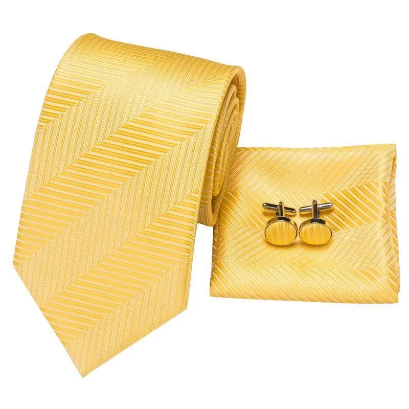 Hi-Tie Men Necktie Yellow Color Striped Tie Handkerchief Cufflinks Set