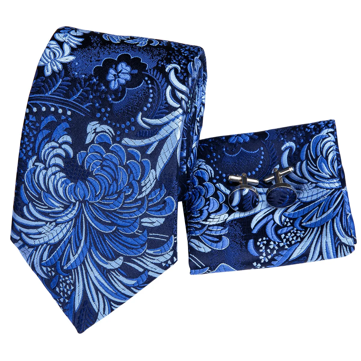 Hi-Tie Men's Wedding Blue Floral Necktie Handkerchief Cufflinks Set