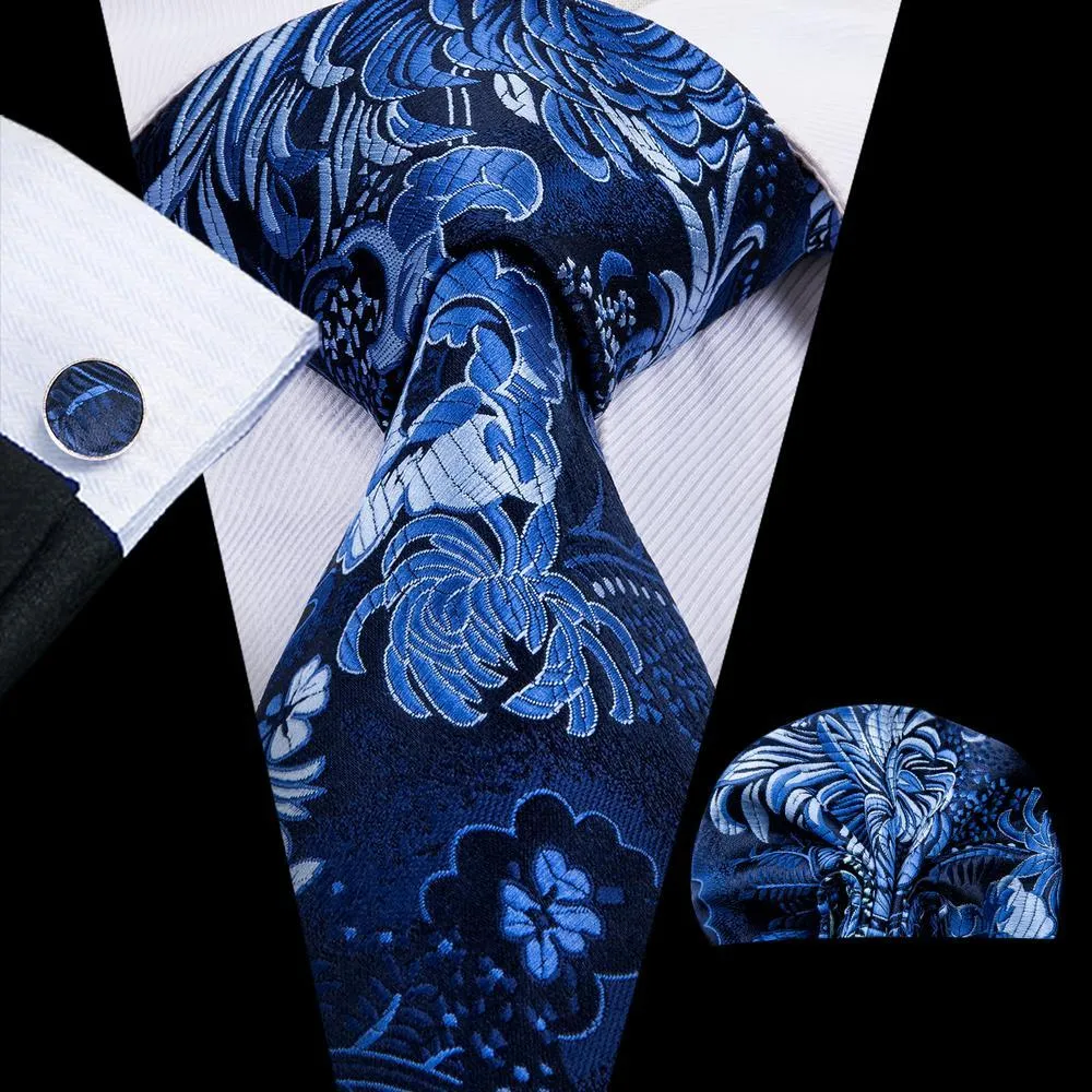 Hi-Tie Men's Wedding Blue Floral Necktie Handkerchief Cufflinks Set