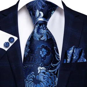 Hi-Tie Men's Wedding Blue Floral Necktie Handkerchief Cufflinks Set