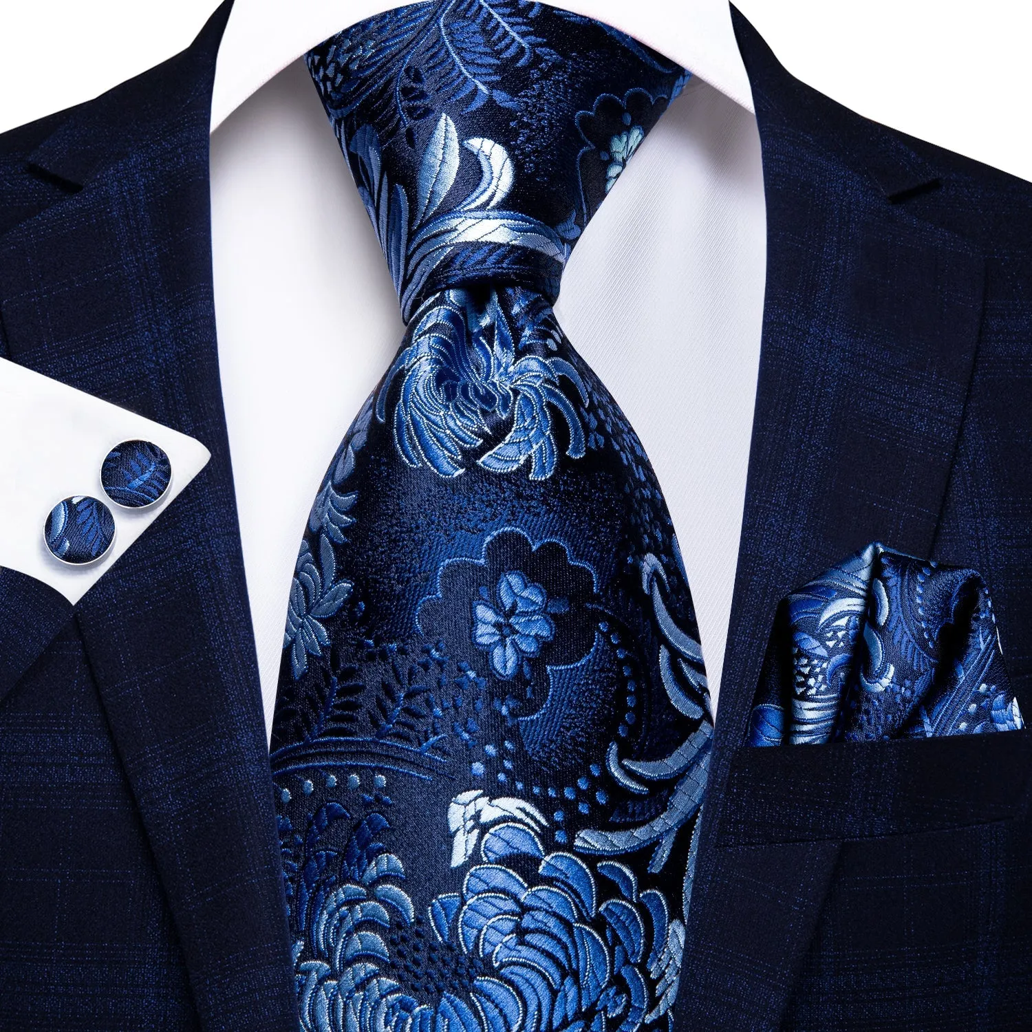 Hi-Tie Men's Wedding Blue Floral Necktie Handkerchief Cufflinks Set