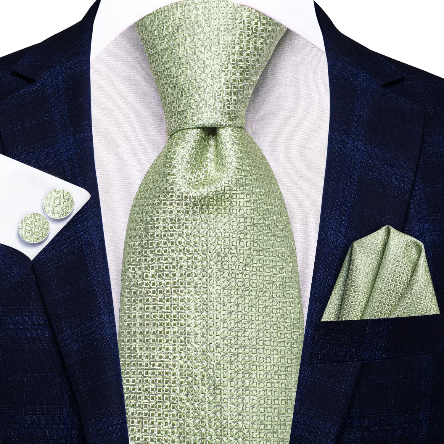 Hi-Tie Mint Green Solid 67" Extra Long Tie Handkerchief Cufflinks Set