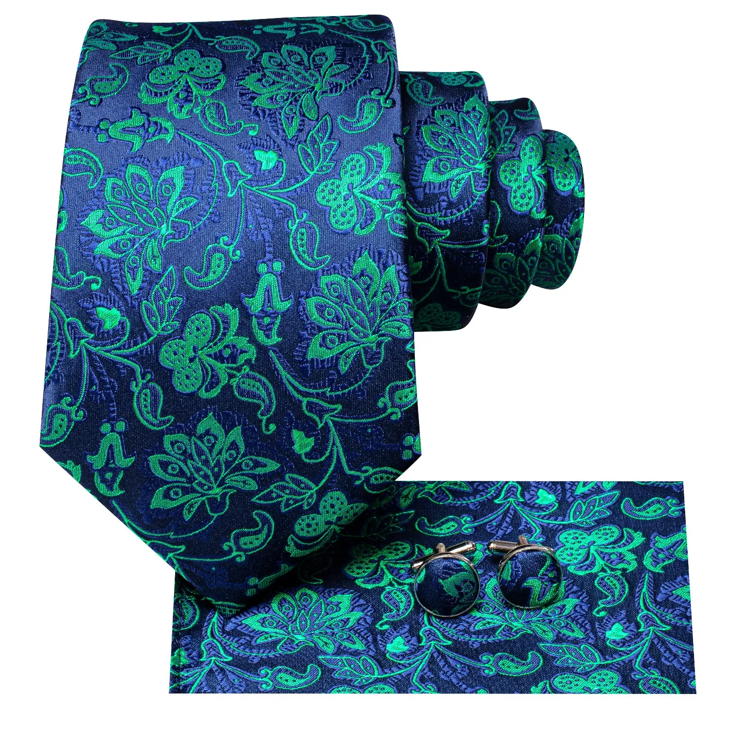 Hi-Tie Navy Blue Teal Jacquard Floral Tie Pocket Square Cufflinks Set