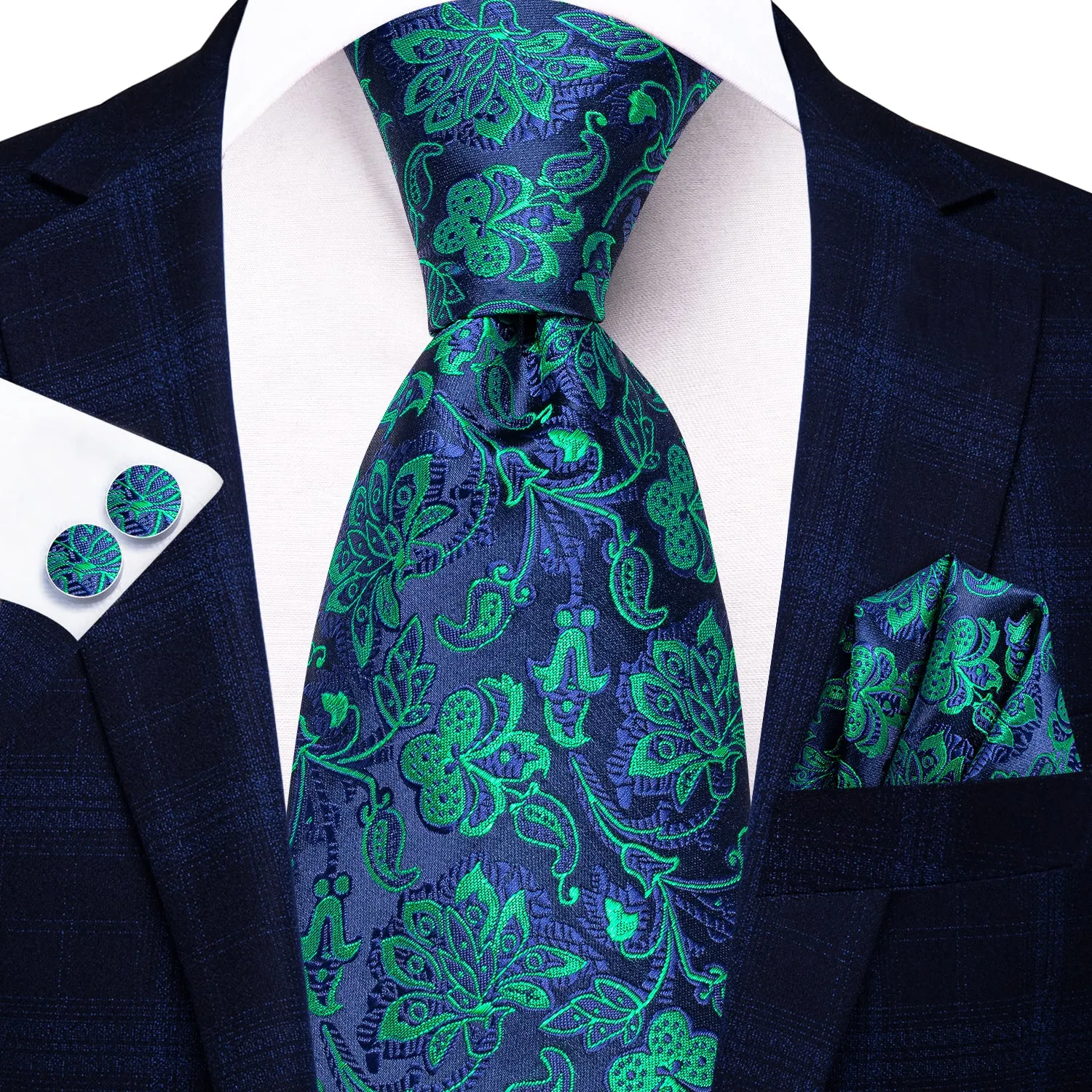 Hi-Tie Navy Blue Teal Jacquard Floral Tie Pocket Square Cufflinks Set