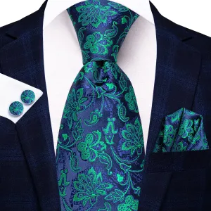 Hi-Tie Navy Blue Teal Jacquard Floral Tie Pocket Square Cufflinks Set
