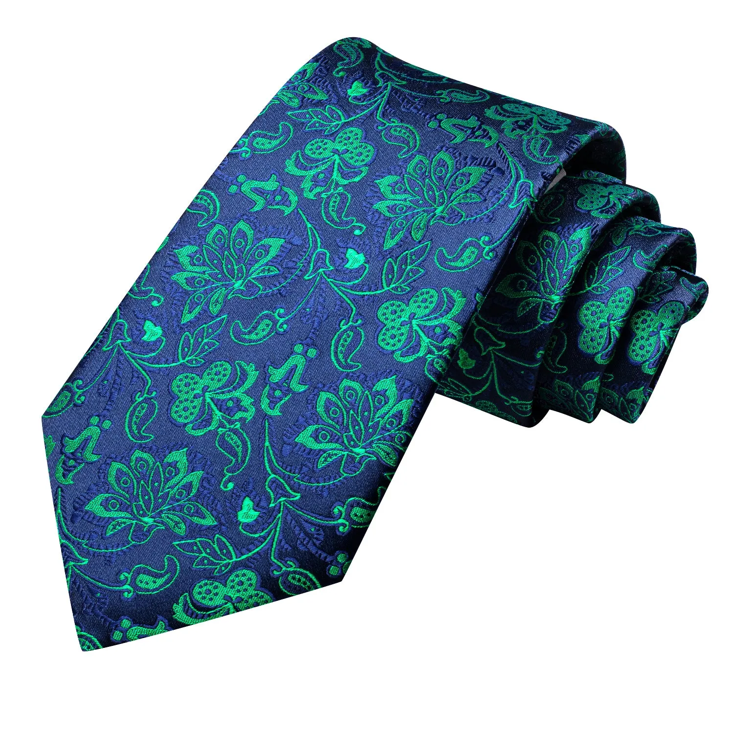 Hi-Tie Navy Blue Teal Jacquard Floral Tie Pocket Square Cufflinks Set