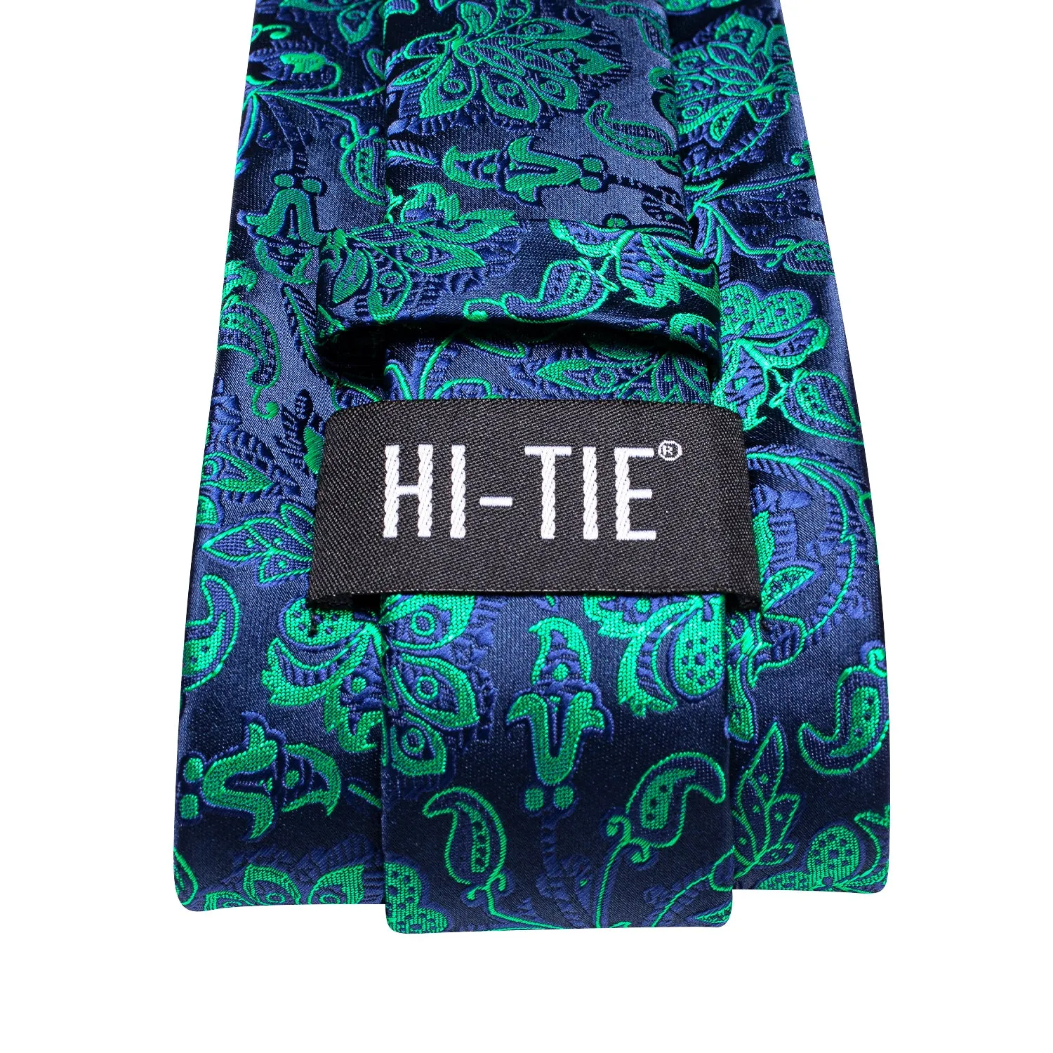 Hi-Tie Navy Blue Teal Jacquard Floral Tie Pocket Square Cufflinks Set