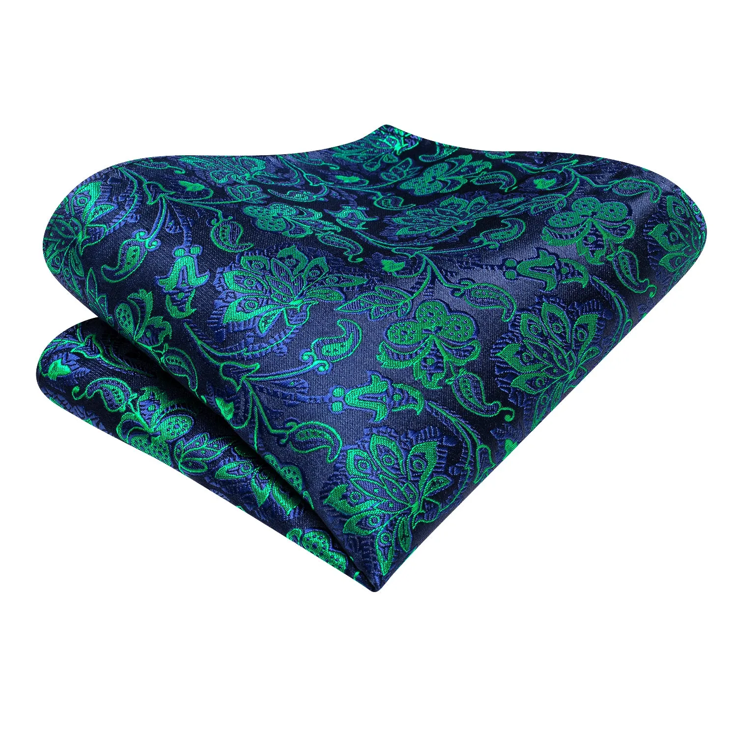 Hi-Tie Navy Blue Teal Jacquard Floral Tie Pocket Square Cufflinks Set