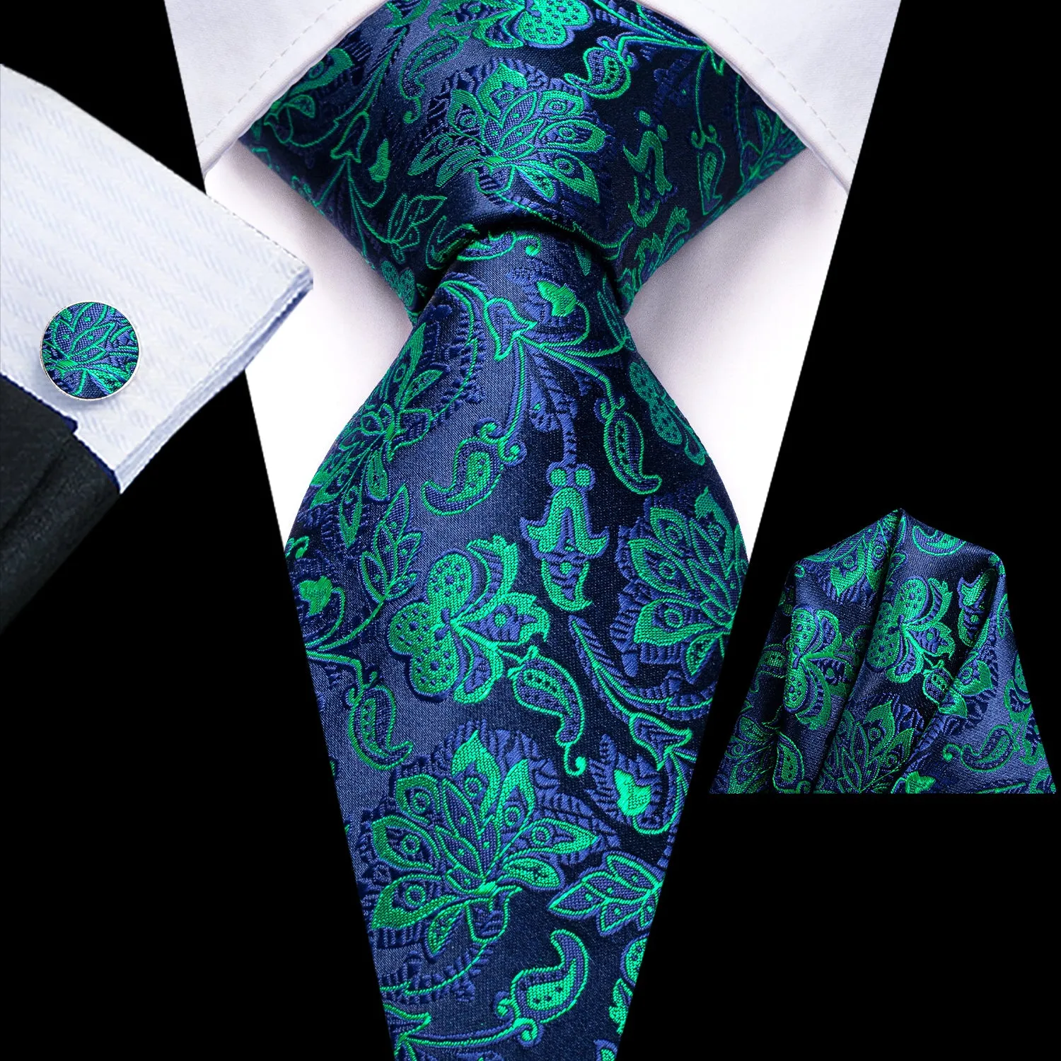 Hi-Tie Navy Blue Teal Jacquard Floral Tie Pocket Square Cufflinks Set