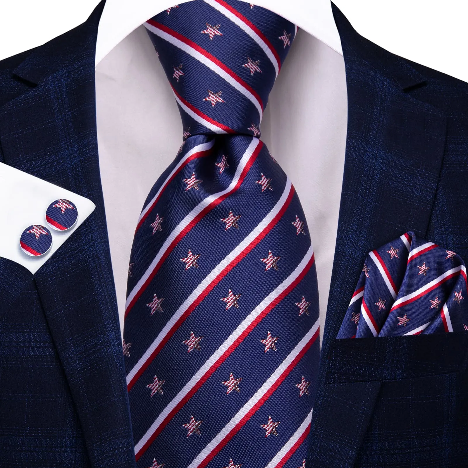Hi-Tie Navy Blue Tie Red White Stars Stripes Novelty Mens Necktie Set