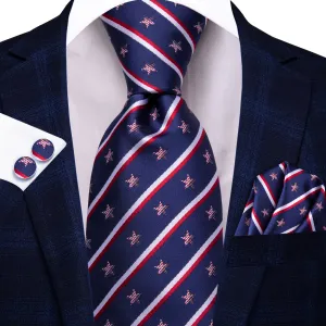 Hi-Tie Navy Blue Tie Red White Stars Stripes Novelty Mens Necktie Set