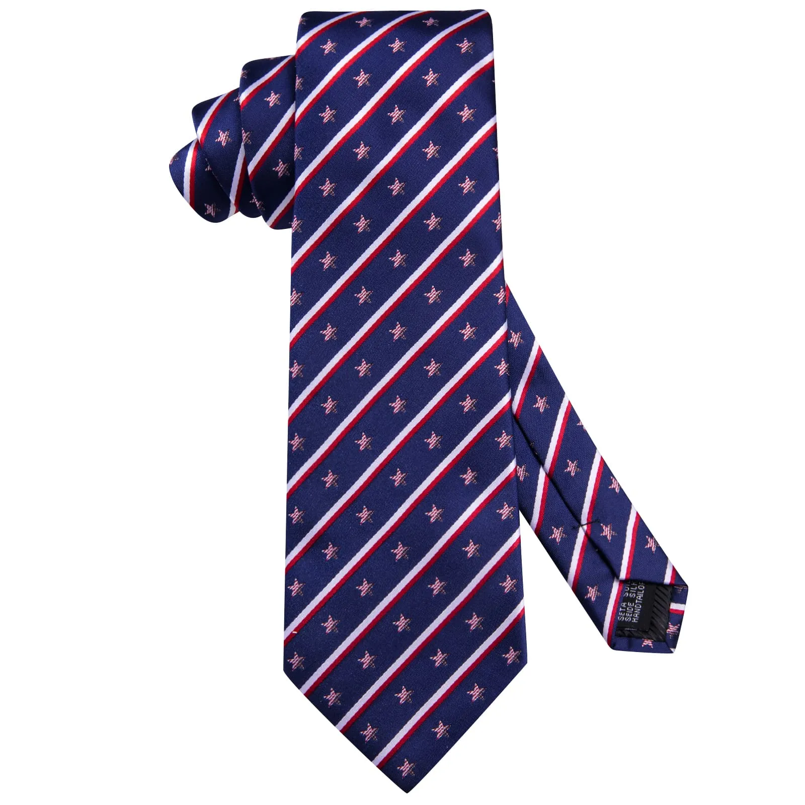 Hi-Tie Navy Blue Tie Red White Stars Stripes Novelty Mens Necktie Set