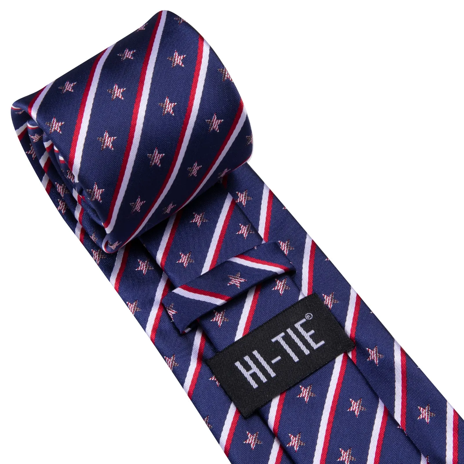 Hi-Tie Navy Blue Tie Red White Stars Stripes Novelty Mens Necktie Set