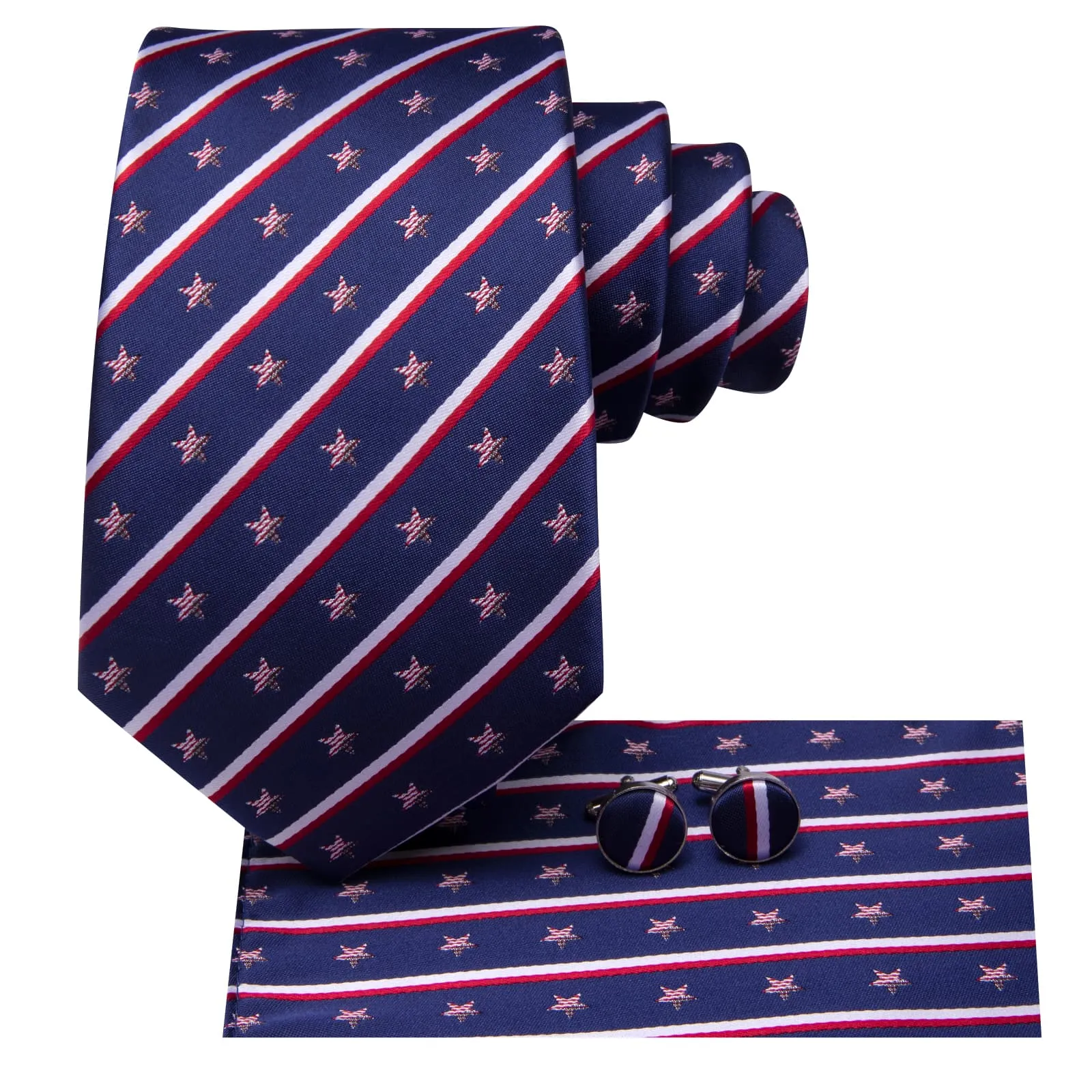Hi-Tie Navy Blue Tie Red White Stars Stripes Novelty Mens Necktie Set