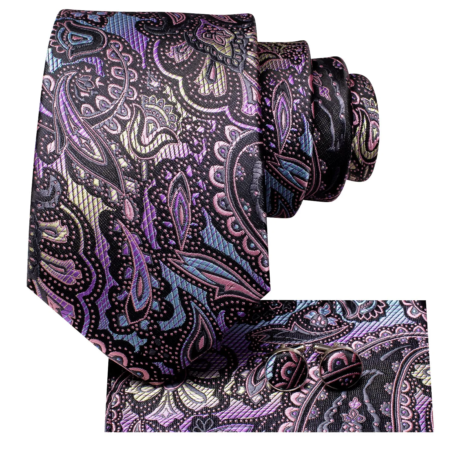 Hi-Tie Purple Blue Yellow Paisley Mens Tie Pocket Square Cufflinks Set