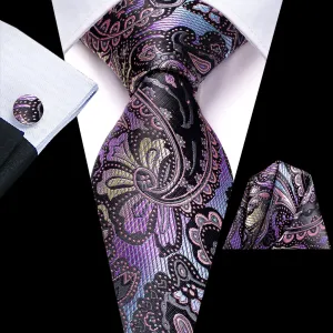 Hi-Tie Purple Blue Yellow Paisley Mens Tie Pocket Square Cufflinks Set