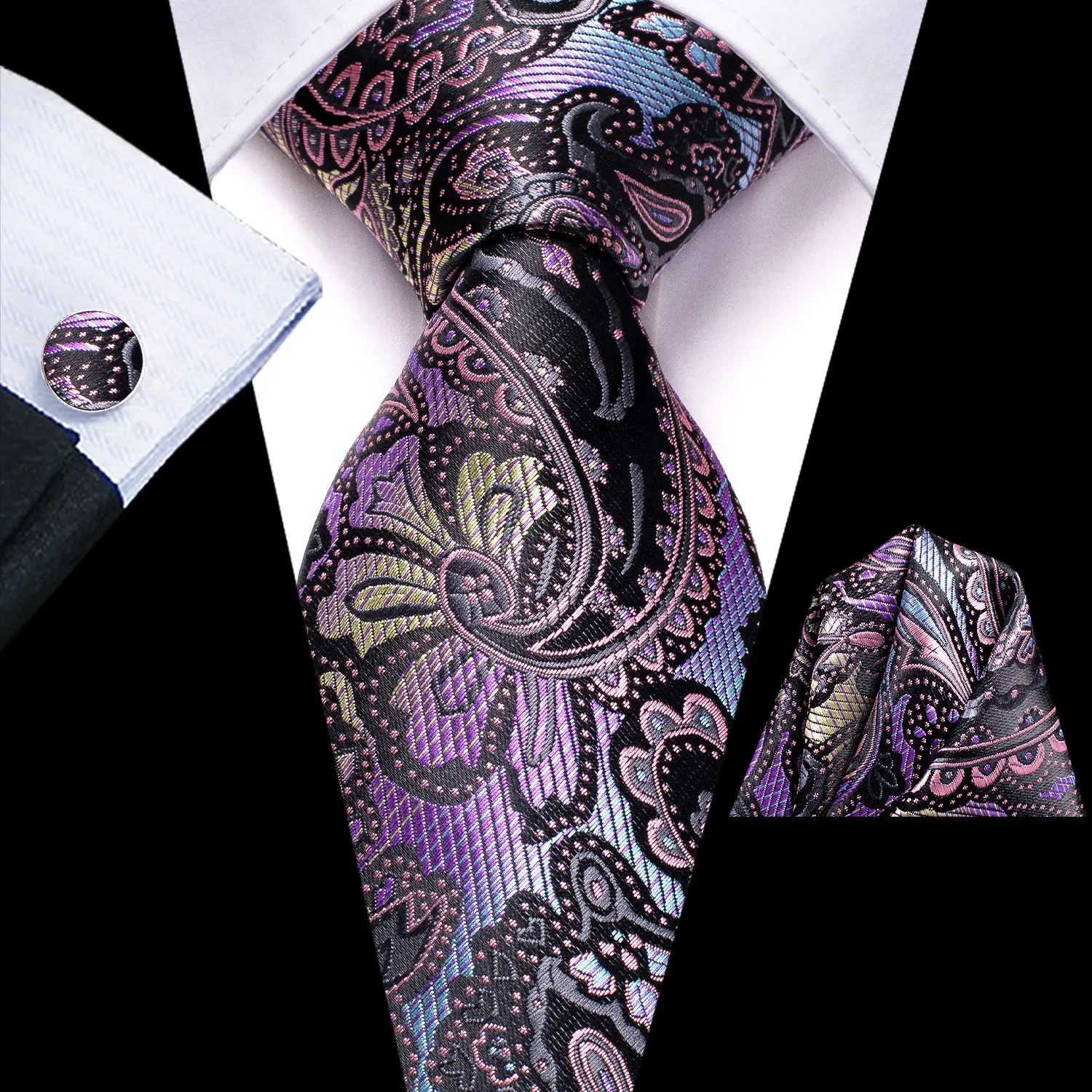 Hi-Tie Purple Blue Yellow Paisley Mens Tie Pocket Square Cufflinks Set