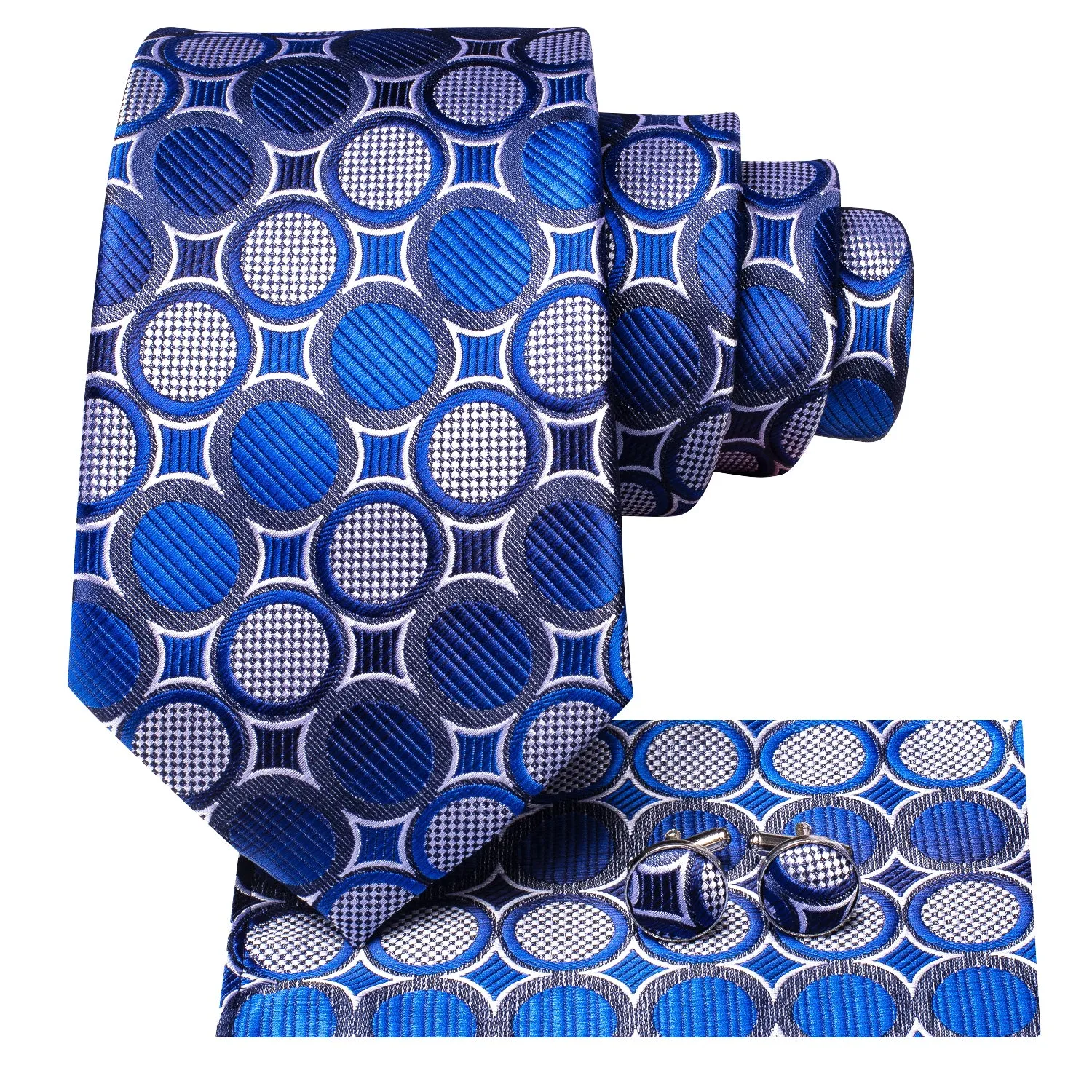 Hi-Tie Royal Blue White Circle Tie Pocket Square Cufflinks Set