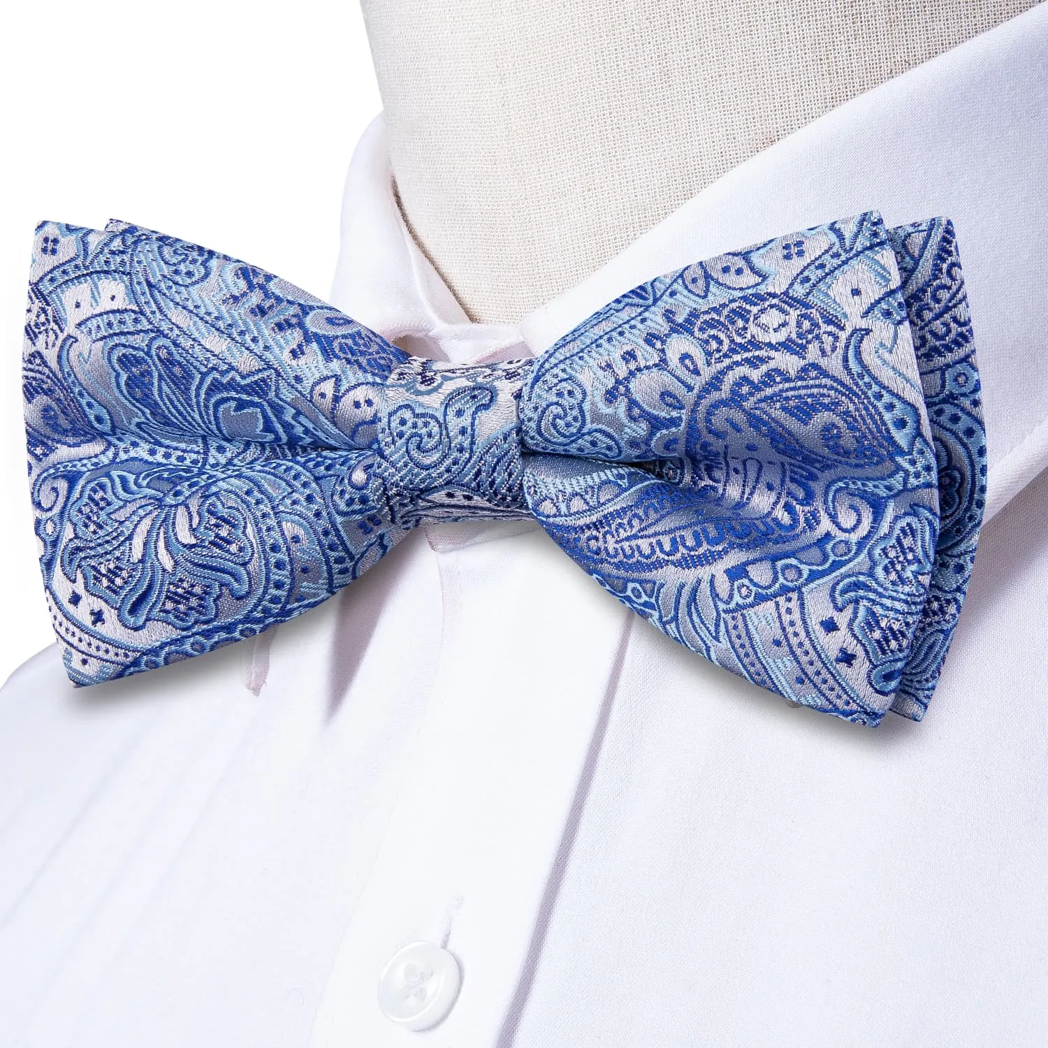 Hi-Tie Sky Blue Paisley Blue Lines Men's Bow Tie Hanky Cufflinks Set