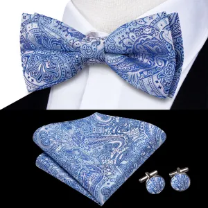 Hi-Tie Sky Blue Paisley Blue Lines Men's Bow Tie Hanky Cufflinks Set