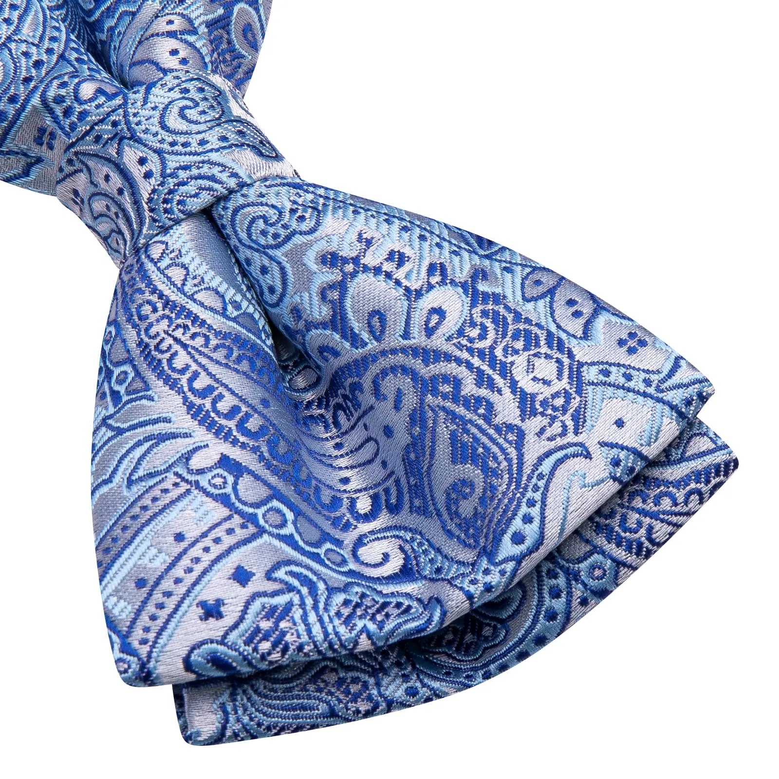 Hi-Tie Sky Blue Paisley Blue Lines Men's Bow Tie Hanky Cufflinks Set