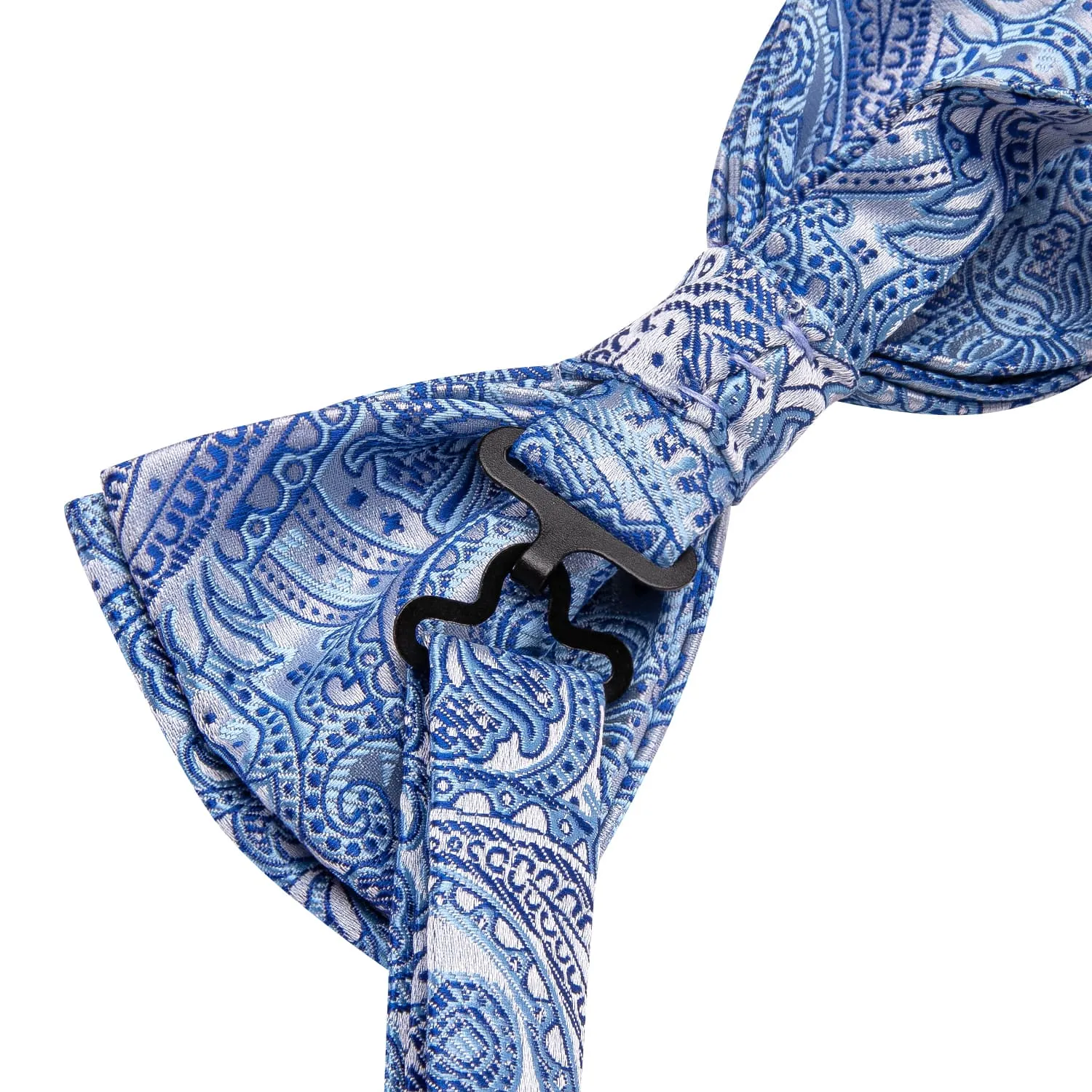 Hi-Tie Sky Blue Paisley Blue Lines Men's Bow Tie Hanky Cufflinks Set