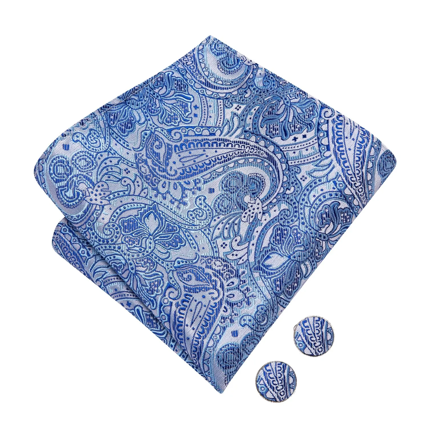 Hi-Tie Sky Blue Paisley Blue Lines Men's Bow Tie Hanky Cufflinks Set