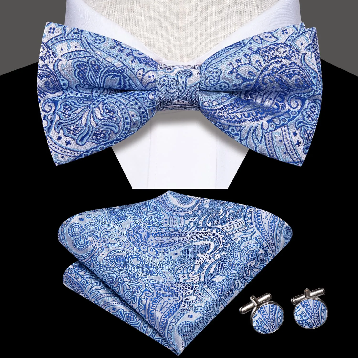 Hi-Tie Sky Blue Paisley Blue Lines Men's Bow Tie Hanky Cufflinks Set