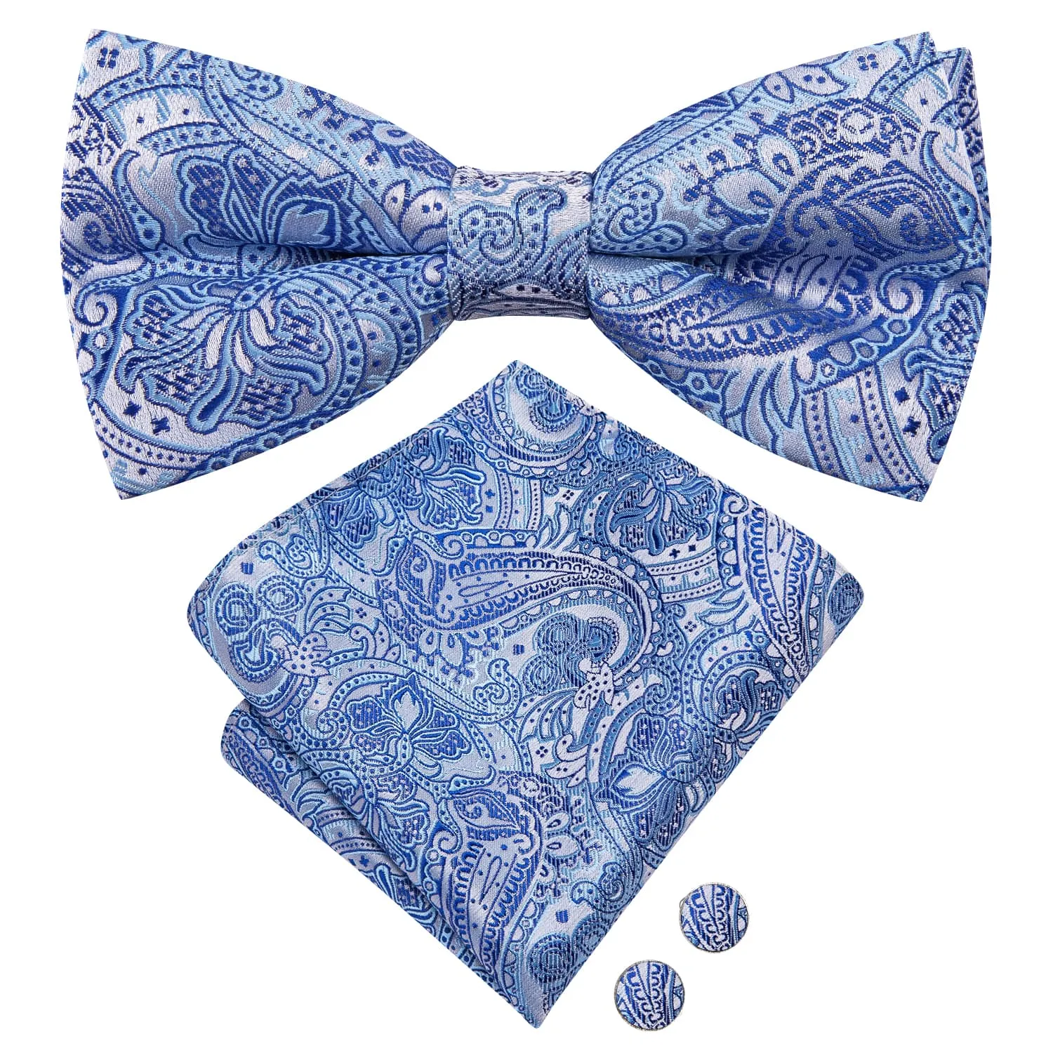 Hi-Tie Sky Blue Paisley Blue Lines Men's Bow Tie Hanky Cufflinks Set