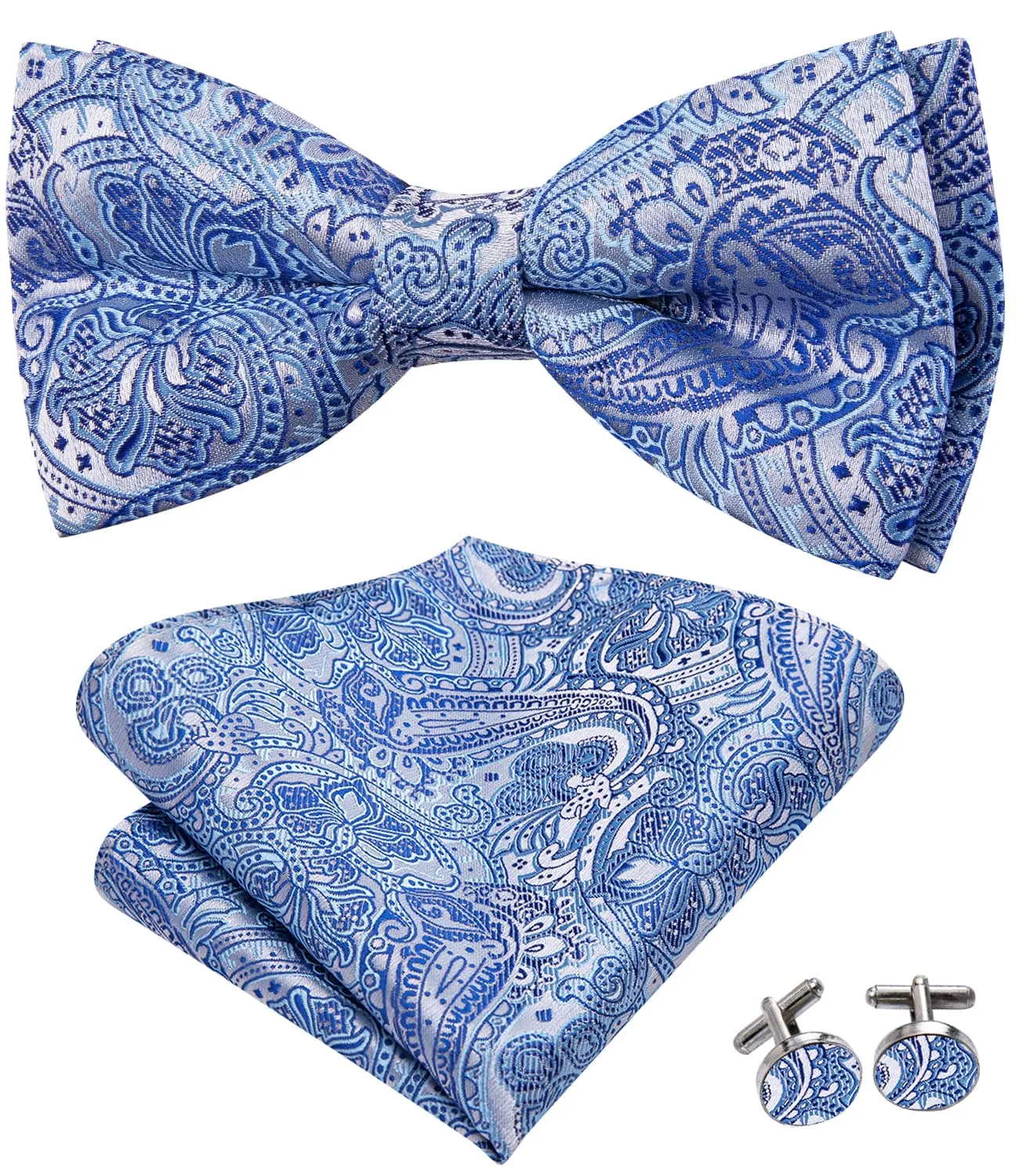 Hi-Tie Sky Blue Paisley Blue Lines Men's Bow Tie Hanky Cufflinks Set