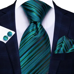 Hi-Tie Striped Teal Tie with Pocket Square and Cufflinks