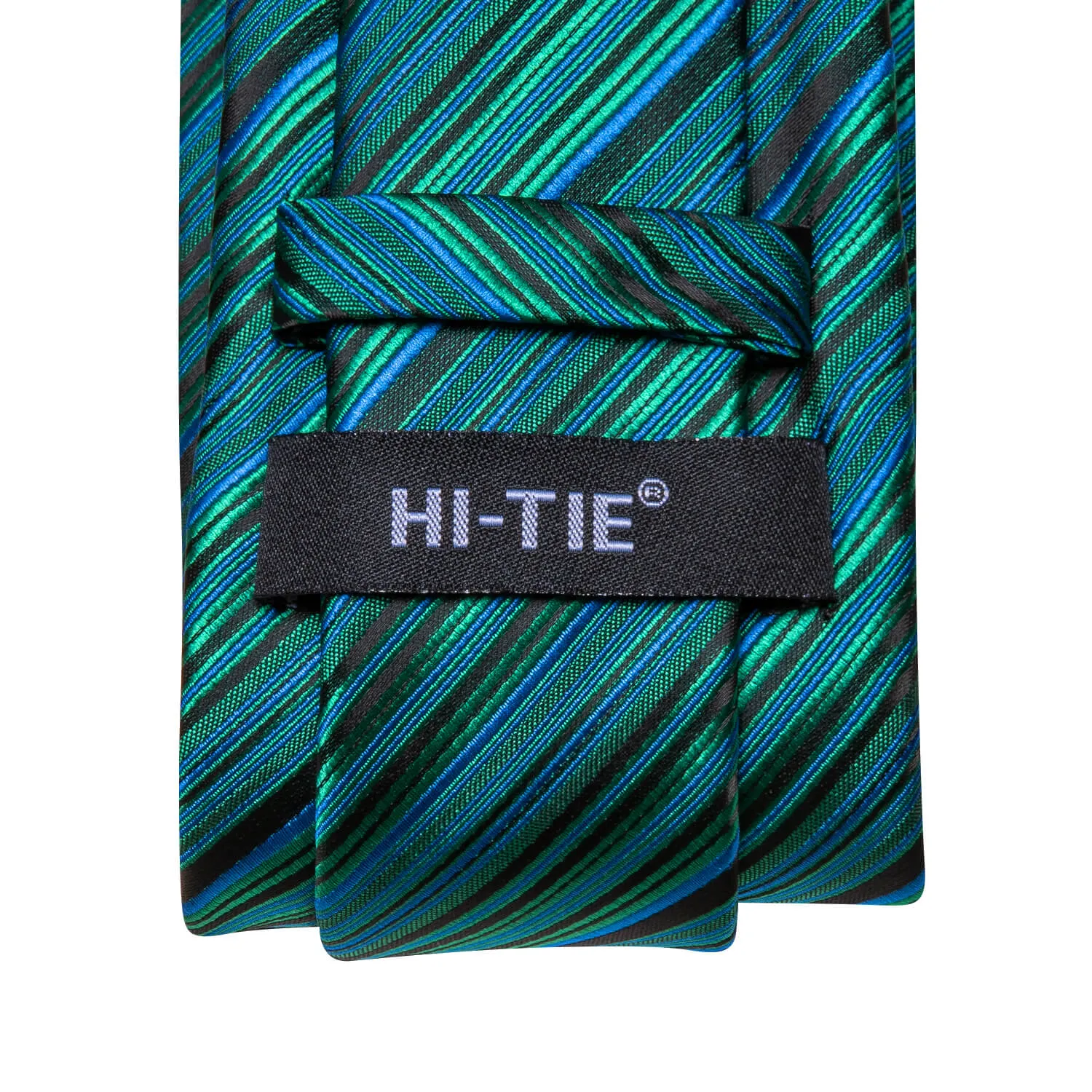 Hi-Tie Striped Teal Tie with Pocket Square and Cufflinks