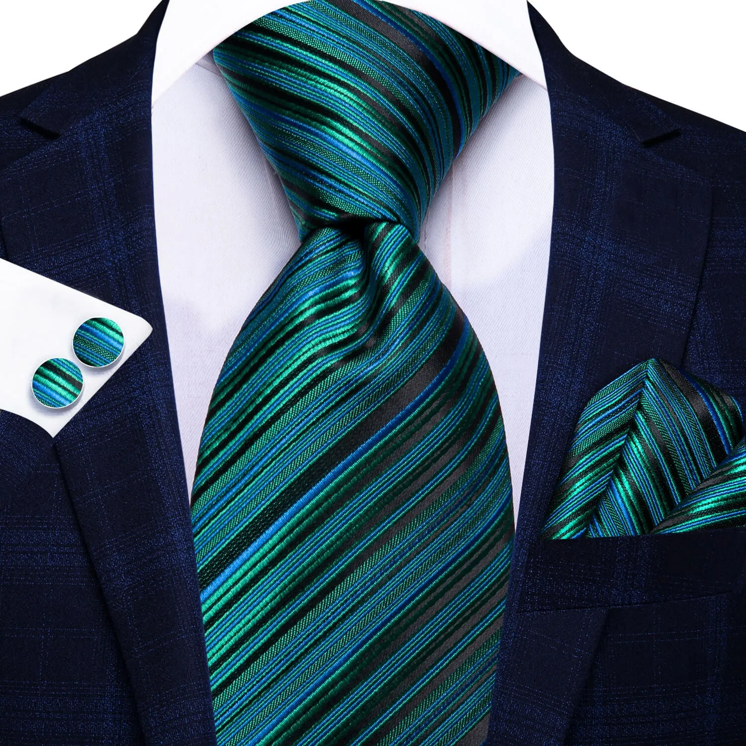 Hi-Tie Striped Teal Tie with Pocket Square and Cufflinks